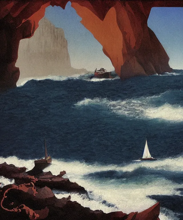 Image similar to photorealistic painting of a 1 9 2 5 seiner sailing near a tropical cliff with the mouth of a sea cave at the waterline, dark, brooding, atmospheric, lovecraft, horror, smooth, epic, highly detailed, cinematic, by angus mcbride