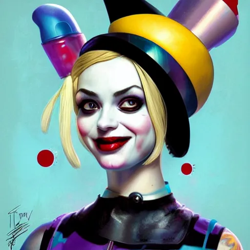 Prompt: lofi biopunk portrait of harley quinn, wearing a tophat, Pixar style, by Tristan Eaton Stanley Artgerm and Tom Bagshaw.