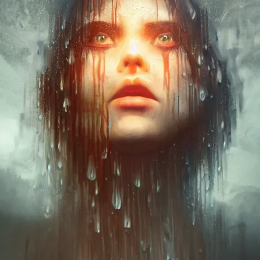 Prompt: shadow of the cross, impudent facial expression of shameless woman, atmosphere of bloody rain, trending on artstation, highly detailed, digital painting, volumetric light, concept art, sharp focus, illustration