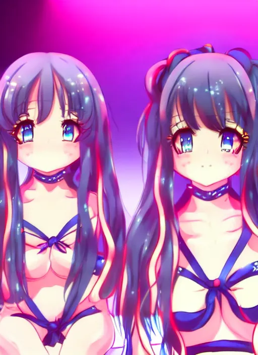 Image similar to two beautiful mature idols performing on stage, twintails, gorgeous faces, smooth, thick lines, cinematic lighting, detailed anime art