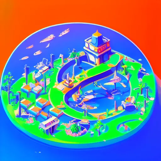 Image similar to circular isometric island on neon background, isometric invironment, 3d art, isometric art, amazing detail, artstation, concept art, behance, ray tracing