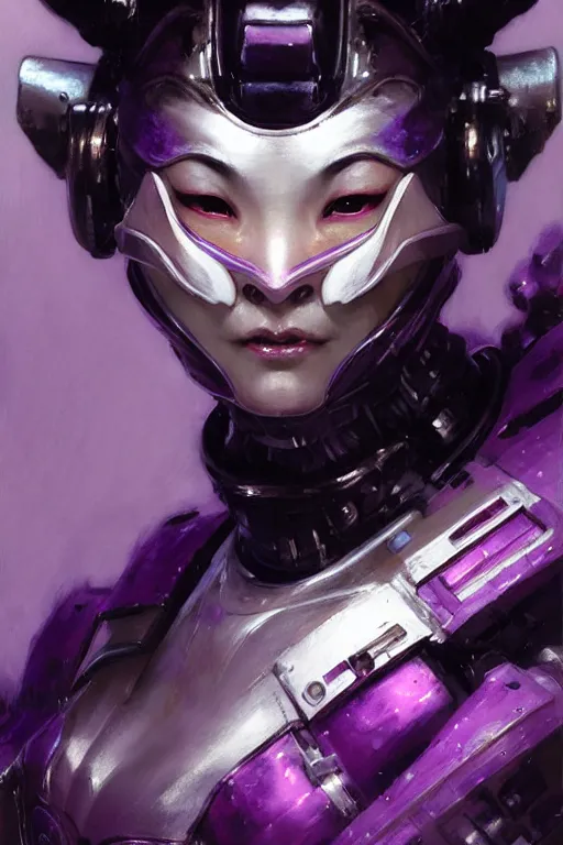 Image similar to extreme close up, facial portrait, half - chinese woman with a long black ponytail in purple sci - fi armor, wearing a kitsune mask, mechanical armor, cybernetic hands, striking pose, portrait dnd, painting by gaston bussiere, craig mullins, greg rutkowski, yoji shinkawa