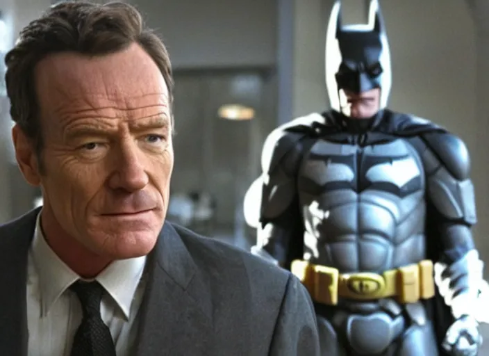 Image similar to A scene with Bryan Cranston from the movie The Dark Knight (2008) starring Bryan Cranston as Batman in the film. in the scene we can see batman (Played by Bryan Cranston). Very Detailed. Wide shot. High Quality. 4k
