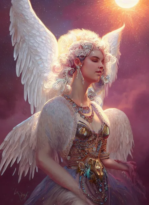 Image similar to A beautiful digital painting of a female angel full of jewels, princess, the moon behind her, intricate, cinematic lighting, highly detailed, digital painting, Artstation, concept art, smooth, sharp focus, illustration, art by Tom Bagshaw, Artgerm and Greg Rutkowski