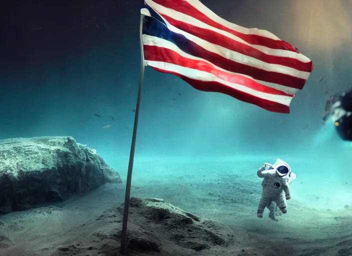 Image similar to astronaut underwater putting a flag in the sand of the bottom of the ocean. in the background, a submarine is visible. dark, concept art, cinematic, dramatic, atmospheric, 8 k, trending on artstation, zack snyder