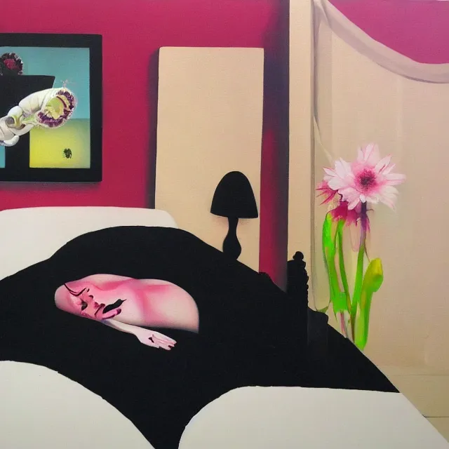 Prompt: bedroom room with black walls, sensual portrait of a woman sleeping, japanese vase, white flowers, puddle of water, octopus, squashed berries, neo - expressionism, surrealism, acrylic and spray paint and oilstick on canvas