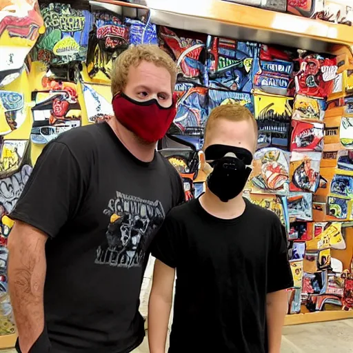 Prompt: ethan van sciver hanging out with a short stocky guy who wears a red ski mask over his face with black ski goggles, cargo shorts and a plain black t - shirt that says cash grab