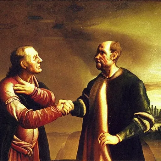 Image similar to renaissance oil painting of george bush shaking hands with an alien