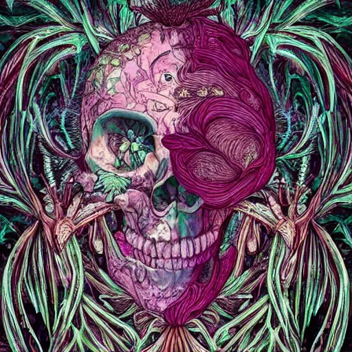 Image similar to a beautiful detailed photo of a rotten woman corpse morphing into fractal plants and fractal flowers and mushrooms, skull, 🌺, face muscles, veins, anatomical, intricate, ornate, volumetric light, beautiful lit, beetlejuice