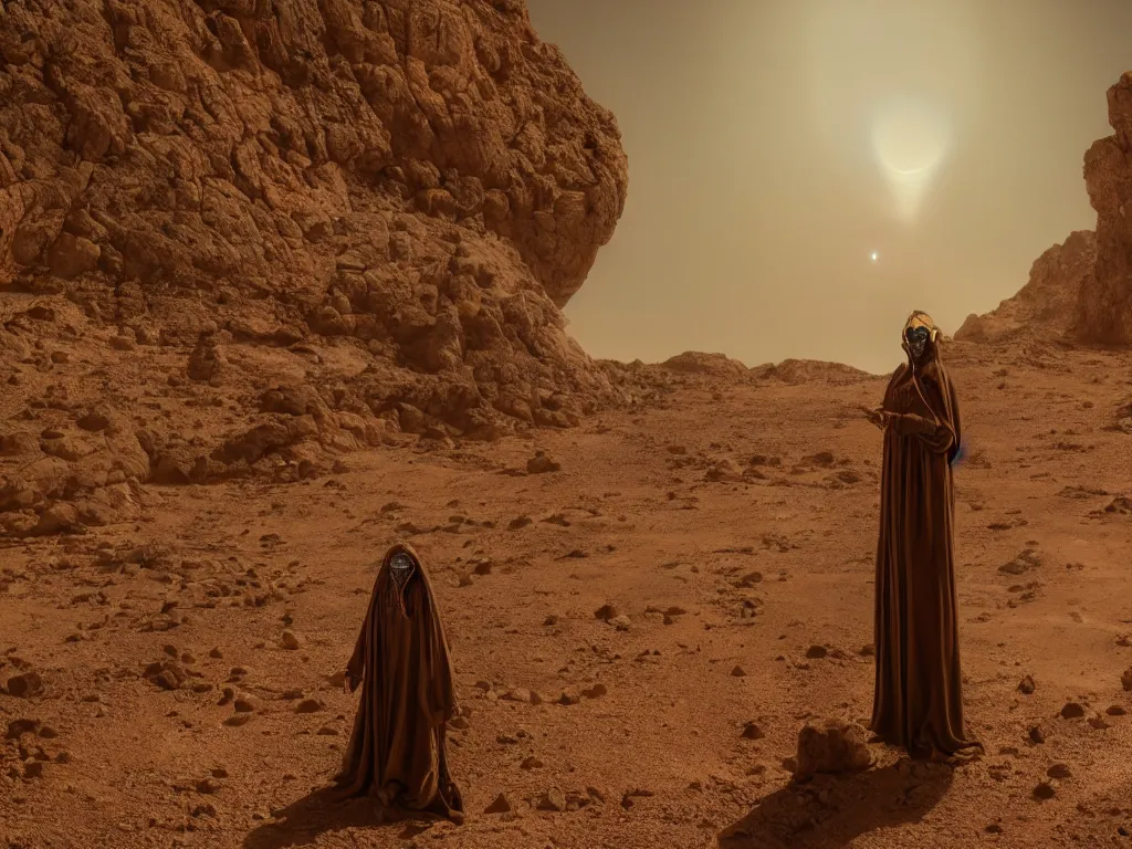 Image similar to levitating glowing bene gesserit in full - face golden mask and glowing eyes in a dry rocky desert landscape, sunny atmosphere, fata morgana giant mirrors, portal, death stranding, spaceship in the sky by christopher doyle and alejandro jodorowsky, anamorphic lens, kodakchrome, cinematic composition, very detailed photo, complex structures, 8 k,