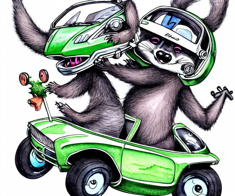 Image similar to cute and funny, racoon wearing a helmet riding in a tiny 2 0 2 0 lamborghini huracan sto, ratfink style by ed roth, centered award winning watercolor pen illustration, isometric illustration by chihiro iwasaki, edited by range murata