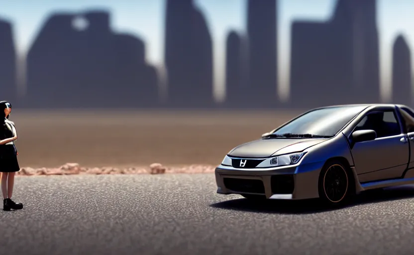 Image similar to photograph of a cell-shaded Honda EK9 Type-R with a lonely techwear woman , on a desert road with a futuristic city in the horizon, one point perspective, 1-point perspective, tilt shift, sigma 85mm f/1.4, 4k, depth of field, high resolution, 4k, 8k, hd, full color