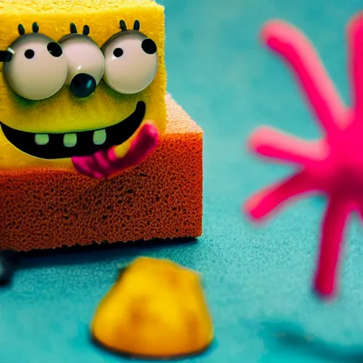 Prompt: a macro photograph of sponge bob squarepants figure