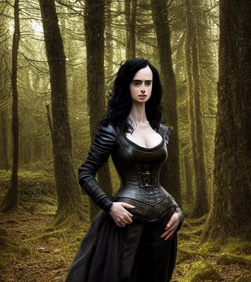 Image similar to 5 5 mm close up portrait photo of krysten ritter as yennefer of vengerberg in black leather armor and black hair, in a forest. magical atmosphere. art by greg rutkowski. lifelike. very detailed 8 k. intricate. soft light. nikon d 8 5 0.