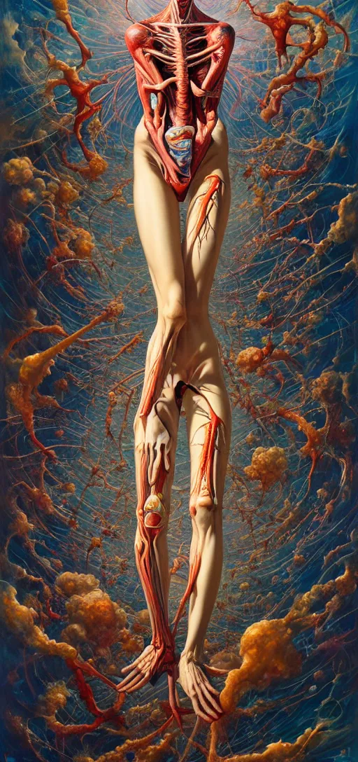 Image similar to a tall, fleshy anatomical figure with extra limbs, hovering in the air, zero gravity, neurons firing, rich colours, karol bak, mark brooks, hauntingly surreal, highly detailed painting by katsuhiro otomo, part by james jean, part by adrian ghenie, part by gerhard richter, soft light 4 k