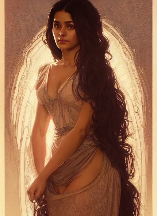 Image similar to cute brown woman wearing a transparent night gown, fantasy, intricate, highly detailed, digital painting, artstation, concept art, wallpaper, smooth, sharp focus, illustration, art by artgerm and greg rutkowski and alphonse mucha