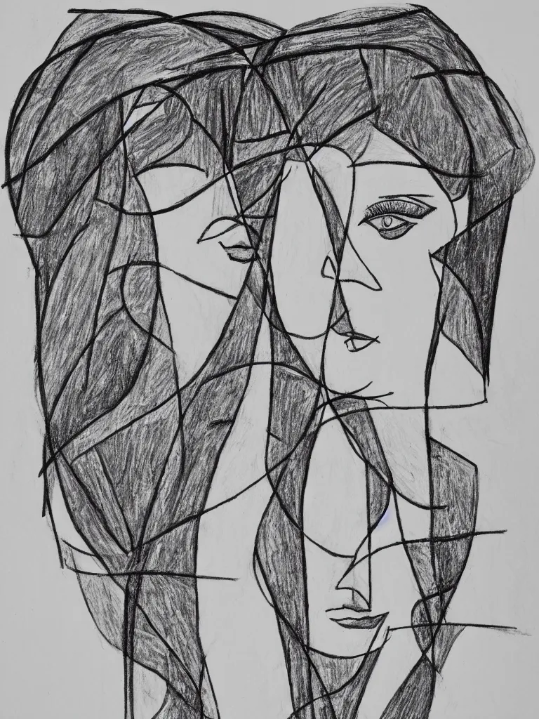 Prompt: intricate female portrait, one line drawing, bold quick sketch inspired by bauhaus, henri matisse.