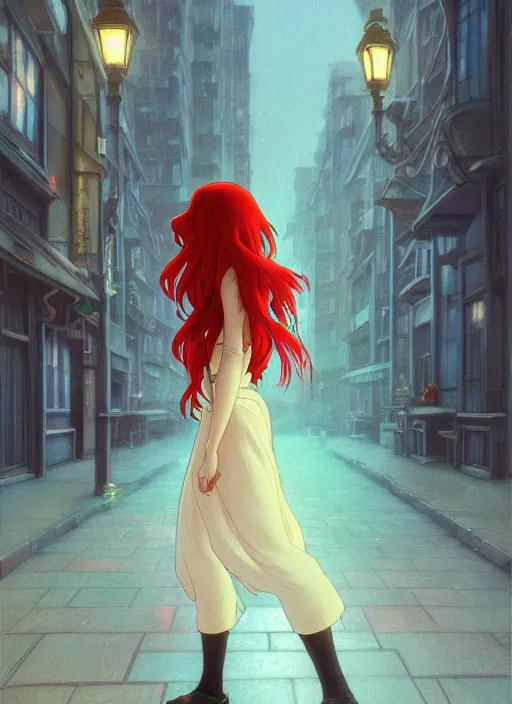 Image similar to beautiful young woman with long red hair walking down city street at night, path traced, highly detailed, high quality, digital painting, by studio ghibli and alphonse mucha, leesha hannigan, makoto shinkai, disney