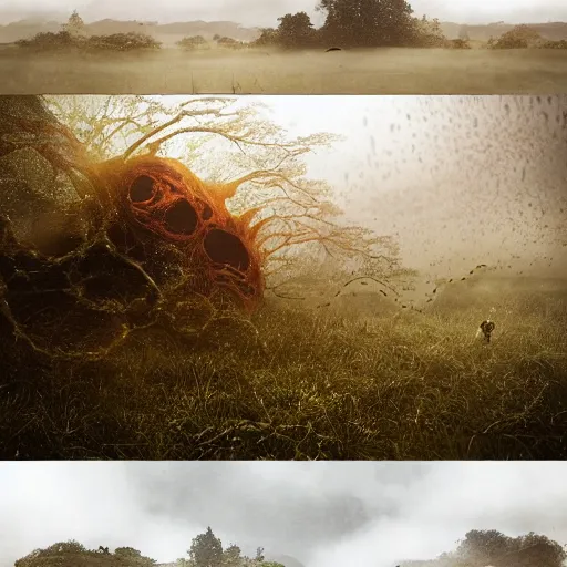 Image similar to unknown menacing slime dripping wet nightmarish hellish visceral alien creatures, staring you down, moor field, fog, rain, volumetric lighting, beautiful, golden hour, sharp focus, ultra detailed, cgsociety