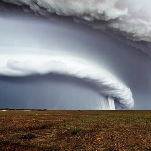 Prompt: Wall cloud on ground, mesocyclone on ground, super tornado