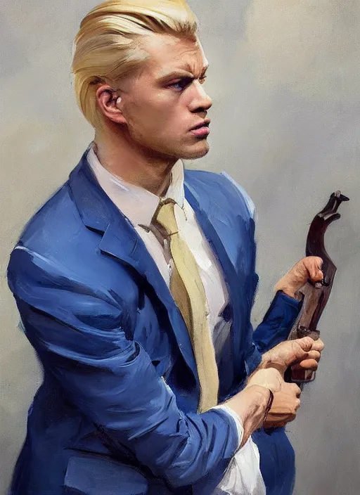 Image similar to greg manchess portrait painting of a blond man in a blue suit with a sword and a pistol, asymmetrical, profile picture, organic painting, sunny day, matte painting, bold shapes, hard edges, street art, trending on artstation, by huang guangjian, gil elvgren, ruan jia, randy vargas, greg rutkowski