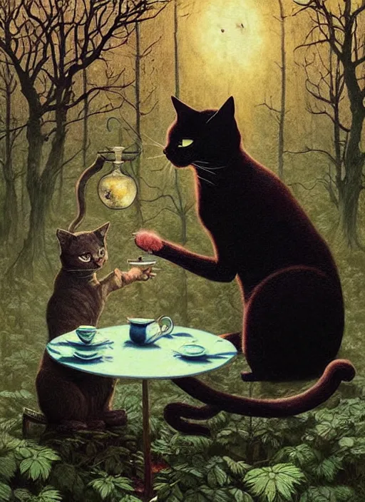 Image similar to cat having tea with a witch at a shrine in the woods gorgeous lighting, lush forest foliage blue sky a hyper realistic painting by chiara bautista and beksinski and norman rockwell and greg rutkowski weta studio, and lucasfilm