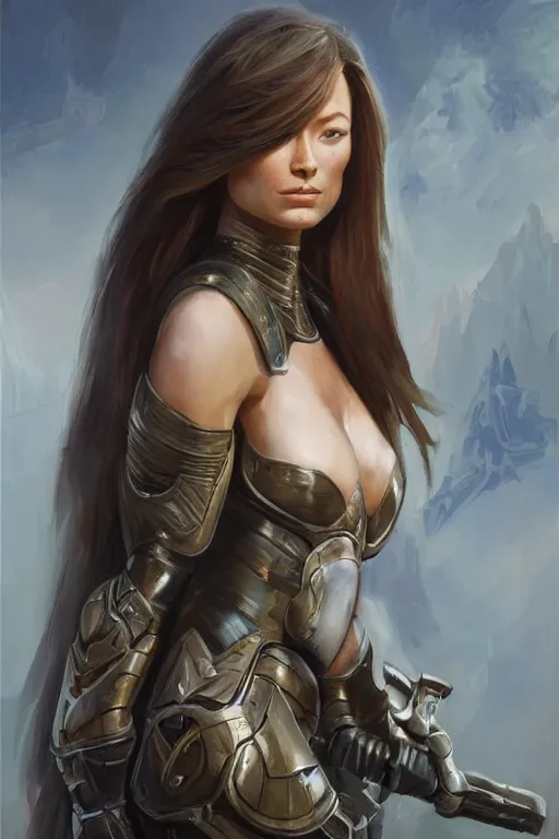 Image similar to a professional painting of a young Olivia Wilde, clothes in military armor, olive skin, long dark hair, beautiful bone structure, symmetrical facial features, intricate, elegant, digital painting, concept art, smooth, sharp focus, illustration, from StarCraft by Ruan Jia and Mandy Jurgens and Artgerm and William-Adolphe Bouguerea