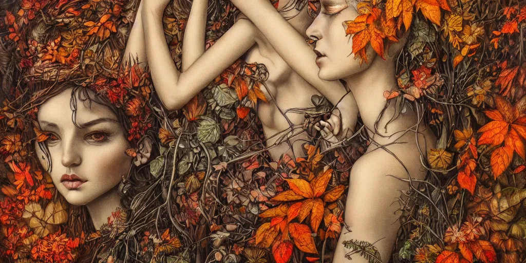 Image similar to breathtaking detailed concept art painting of goddesses of autumn by beto val, vintage illustration pattern with bizarre compositions blend of plants and stems and leaves, exquisite detail, extremely moody lighting, 8 k