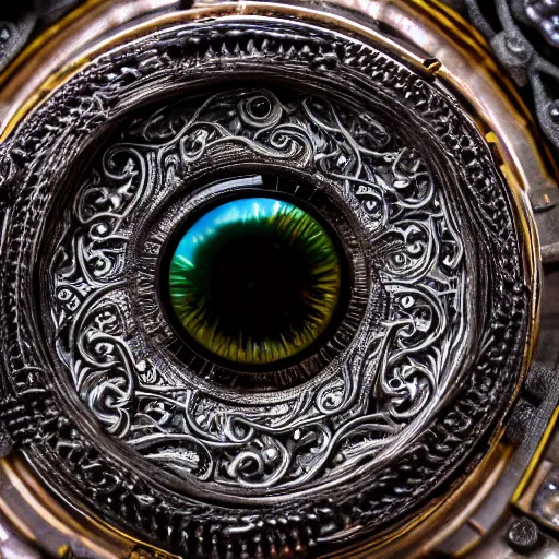 Image similar to a macro photo of a mechanical eye, close - up, intricate details, intricate gears and lenses, intricately detailed engravings, intricately detailed markings, intricate textures, warm lighting, vivid colors, realistic octane render, hyper realistic render, volumetric shading, depth of field, raytracing, 8 k,