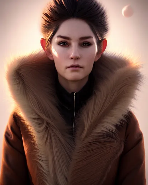 Image similar to dragon hunter wearing a fur - lined dragonhide jacket!!! beautiful and gorgeous elegant white long haired female!! symmetry, character concept art, sharp focus, illustration, art by artgerm! greg rutkowski magali villeneuve wlop! ilya kuvshinov!! charlie bowater! octane render, unreal engine 5! highly rendered!!