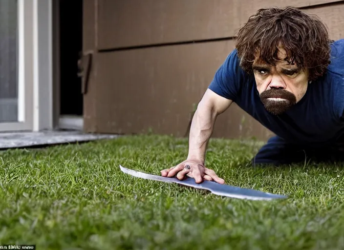 Image similar to peter dinklage crawling from under a porch with a knife in his mouth at night, movie still, from the new sweet home alabama movie, 8 k, realistic