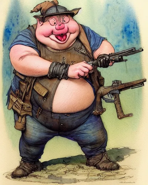 Image similar to a realistic and atmospheric watercolour fantasy character concept art portrait of a fat adorable dirty chibi porky pig wearing a wife beater and holding a rifle, by rebecca guay, michael kaluta, charles vess and jean moebius giraud