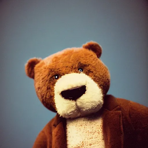 Image similar to Portrait studio photograph of Kanye West in foreground, close up, anthropomorphic teddy bear in background, shallow depth of field, Lomochrome Purple XR 100-400, 40mm