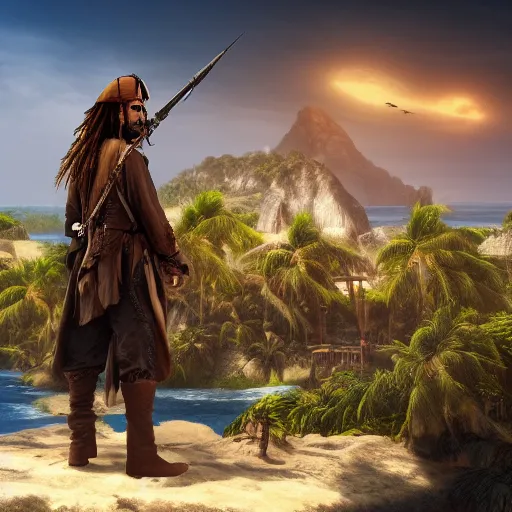 Prompt: Captain Jack Sparrow is looking all over an island for his rum, where is his rum, why is the rum gone, the moon is rising on the horizon, star glistening in the night, hyperdetailed, artstation, cgsociety, 8k