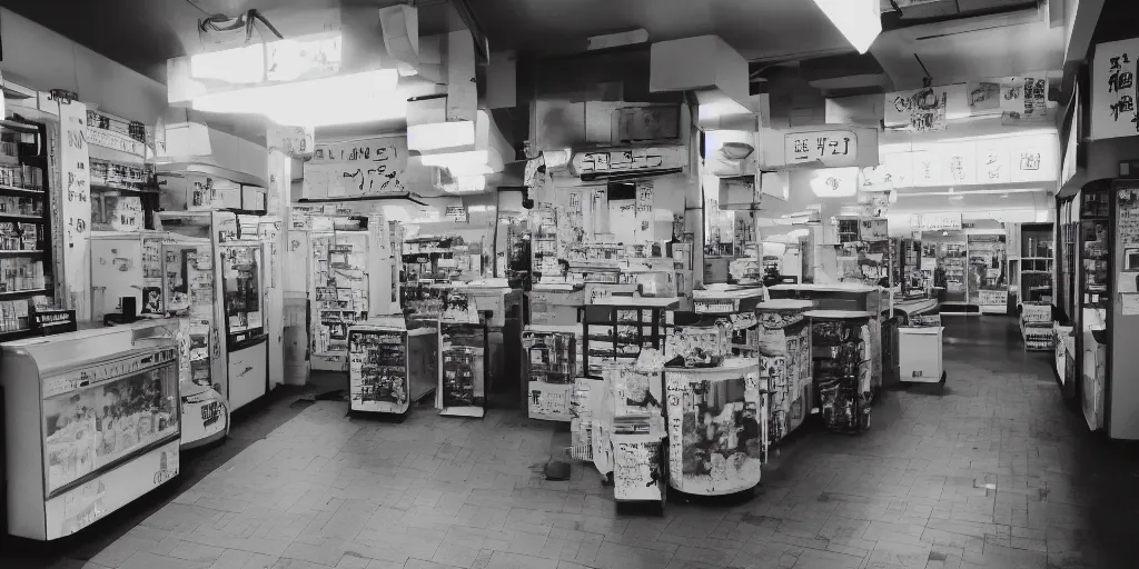 Prompt: interior of a japanese convenient store after midnight, large windows with a view of a parking lot, grey interior, low lights, old television with static noise in the pathway, creepy atmosphere, desolate, cinematic, cyberpunk, 8 k, trending on artstation