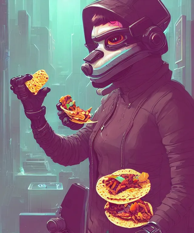 Prompt: a portrait of an anthropomorphic cyberpunk ferret eating a taco, cyberpunk!, fantasy, elegant, digital painting, artstation, concept art, matte, sharp focus, illustration, art by josan gonzalez