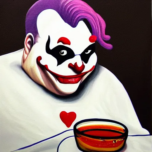 Image similar to painting of the morbidly obese joker drinking a jar of gravy, 8k, very intricate, very detailed, cinematic,