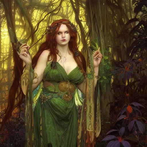 Image similar to face portrait of a beautiful alluring female nature spirit goddess in a dense forest at sunset, detailed, centered, digital painting, artstation, concept art, donato giancola, Dante Gabriel Rossetti, alphonse mucha, Joseph Farquharson, Joseph Christian Leyendecker, WLOP, Boris Vallejo, Breathtaking, 8k resolution, extremely detailed, beautiful, establishing shot, artistic, hyperrealistic, beautiful face, octane render