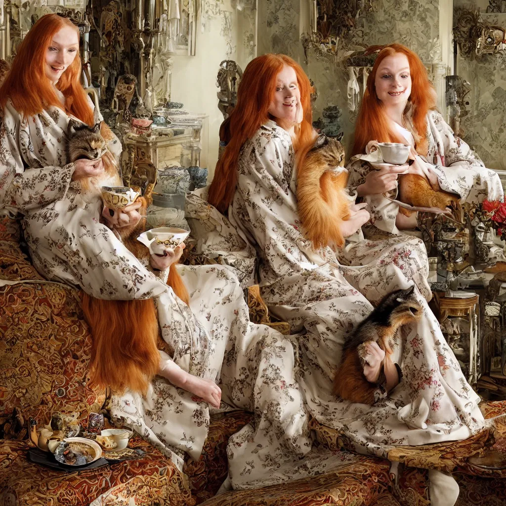 Image similar to a stunning hyper-detailed photorealistic painting of only one slender beautiful smiling woman with long ginger hair and bangs, wearing a luxurious silk robe, wearing headphones and posing with her large ginger tabby cat and her raccoon and parrots in an overstuffed easy chair in her sunlit victorian living room, holding a porcelain parrot-shaped coffee mug and a donut, perfect eyes, fashion photography, cinematic lighting, octane render, IBEX Masters, unreal engine, 85 mm lens,