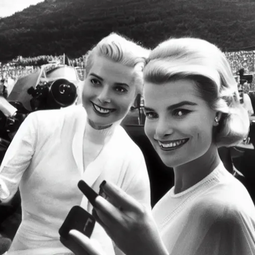 Image similar to selfie smartphone photo of a young Grace Kelly at the 2022 Monaco Gran Prix, F1 cars blurred in background, iphone photo, iPhone 12 camera, lens flares, smartphone resolution, high resolution