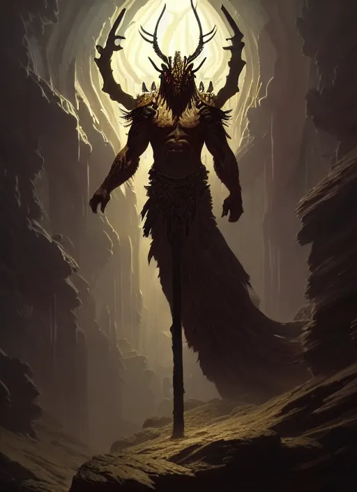 Prompt: masterpiece concept art, cralfurion the ancient demon, by greg rutkowski and greg darrow, 8 k, intricate detail, cinematic lighting