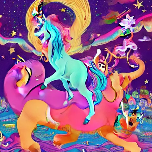 Prompt: a painting of a group of hipster men riding unicorns, a storybook illustration by Lisa Frank, featured on pixiv, magical realism, irridescent, storybook