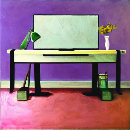 Prompt: realistic panting of a desk on a purple field