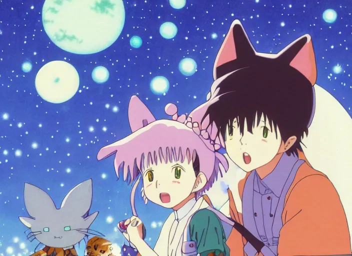 Prompt: anime fine details portrait of joyful girl and alien cute cat, aliens vivid, nature trees, meadows at night, bokeh, close-up, anime masterpiece by Studio Ghibli. 8k, sharp high quality classic anime from 1990 in style of Hayao Miyazaki