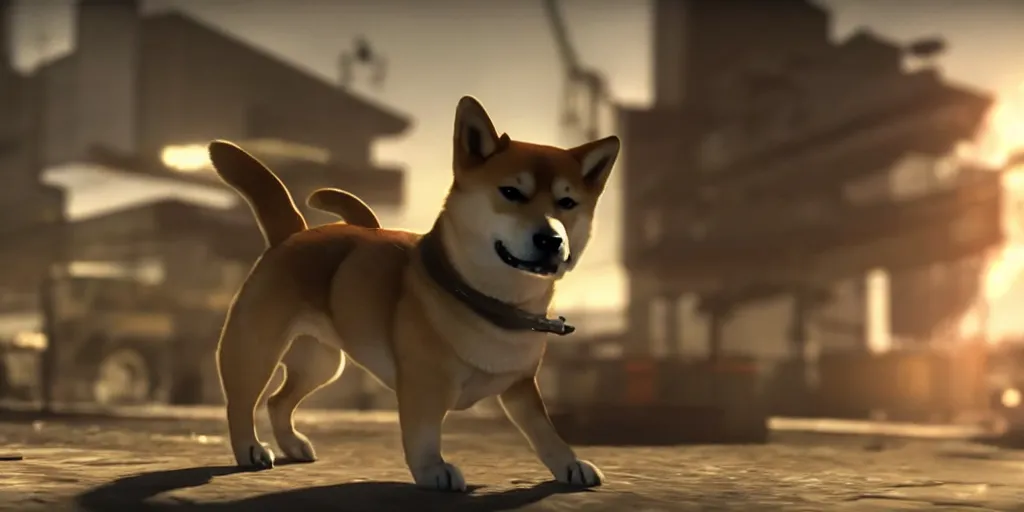 Image similar to A shiba inu dog in Call of Duty Vanguard, cinematic shot, dramatic lighting