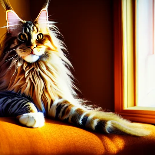 Image similar to portrait cream color maine coon cat curled up, bay window sofa, 8K, 4K, digital art, palette knife, oversaturated lens flair, bokeh, sunbeam, UE5, sumi-e