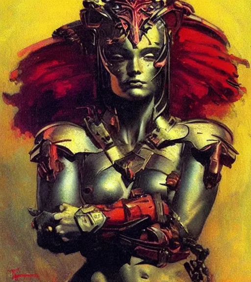 Image similar to portrait of strong female chaos angel, beautiful! coherent! by frank frazetta, by brom, strong line, vivid neon color, spiked scrap metal armor, iron helm maximalist