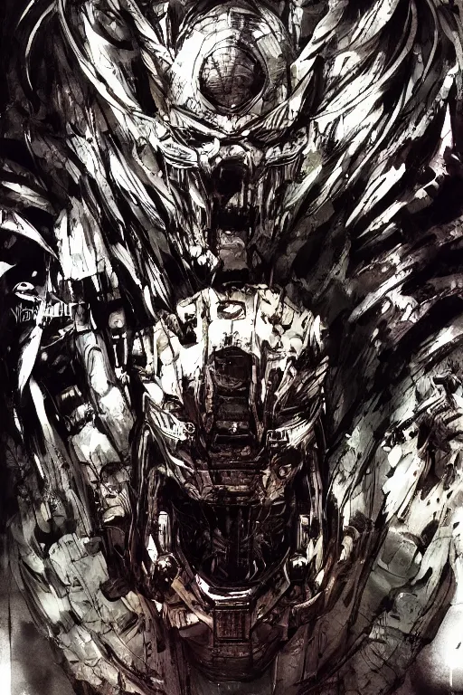 Image similar to predator illustrated by yoji shinkawa, science fiction horror action, ink, digital painting, highly detailed, trending on artstation, sharp focus, illustration, concept art, norman rockwell