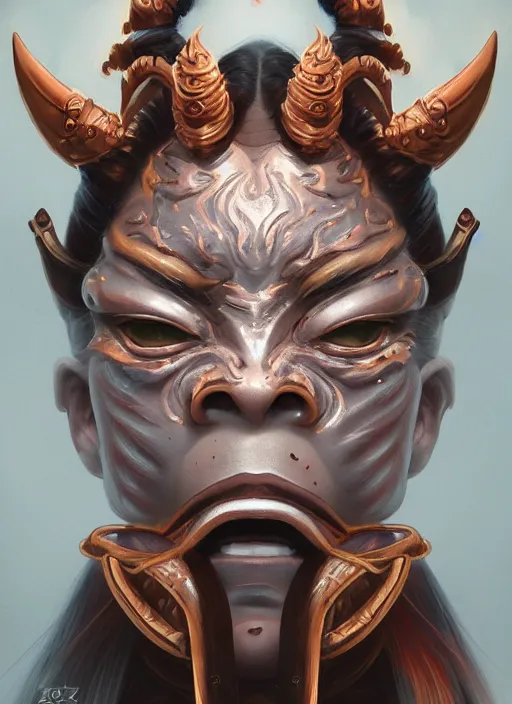 Image similar to a beautiful detailed oil on copper art illustration of a oni hannya mask shogun woman, centered, by charlie bowater, zeng fanzh, trending on artstation, dim dusk lighting, cinematic lighting, detailed lighting, volumetric lighting, realistic, f 8, 4 k hd wallpaper