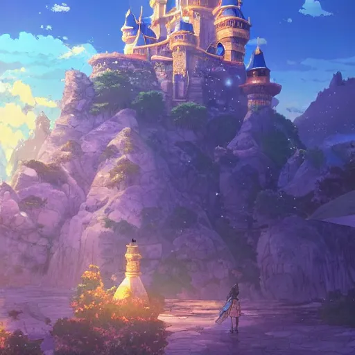 Image similar to An imposing and highly ornamented fantasy castle, Carved from Sapphire stone, Atmosphere, Dramatic lighting, Beautiful Landscape, Epic composition, Wide angle, by Makoto Shinkai and studio Ghibli